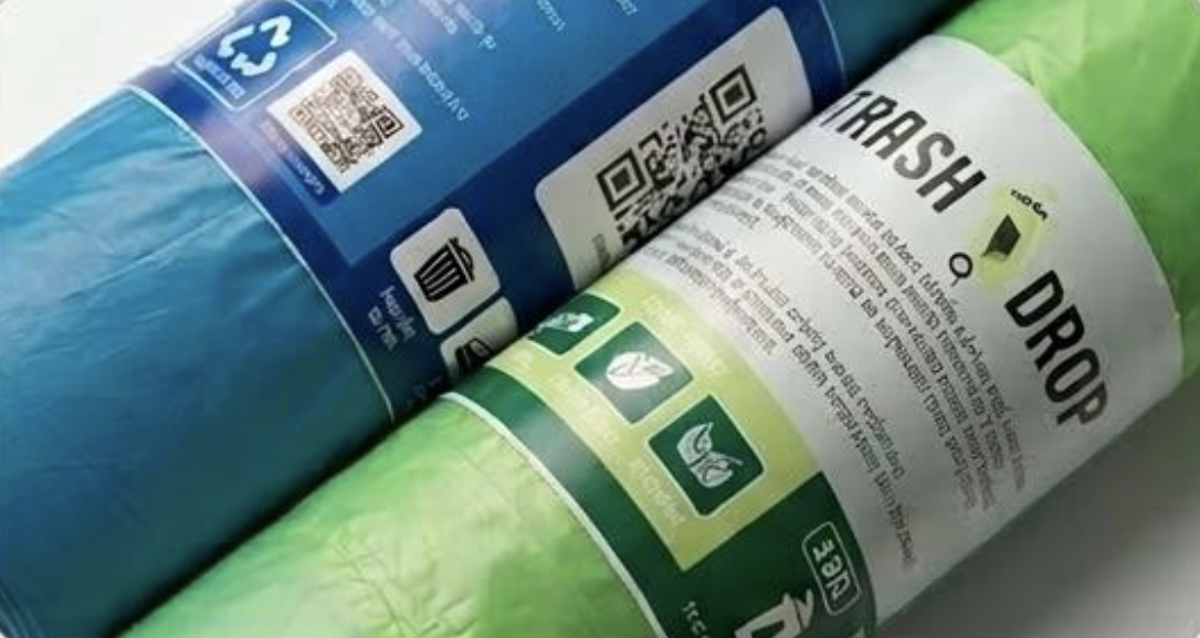 QR code label on a TrashDrop waste collection bag
